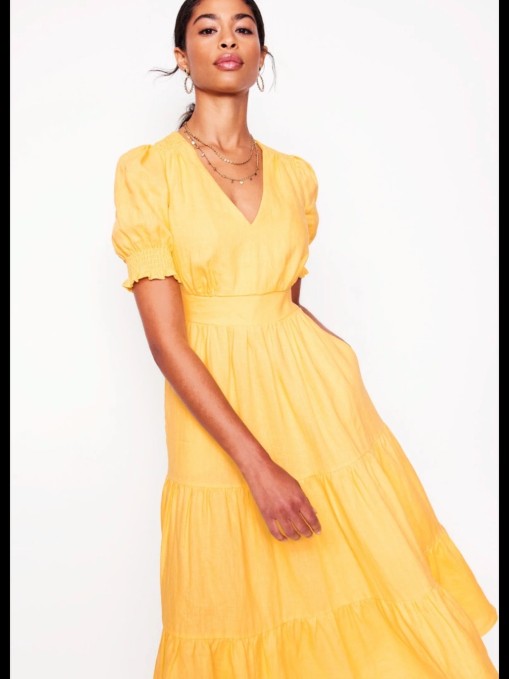 Boden Yellow V-Neck Puff-Sleeve Midi Dress